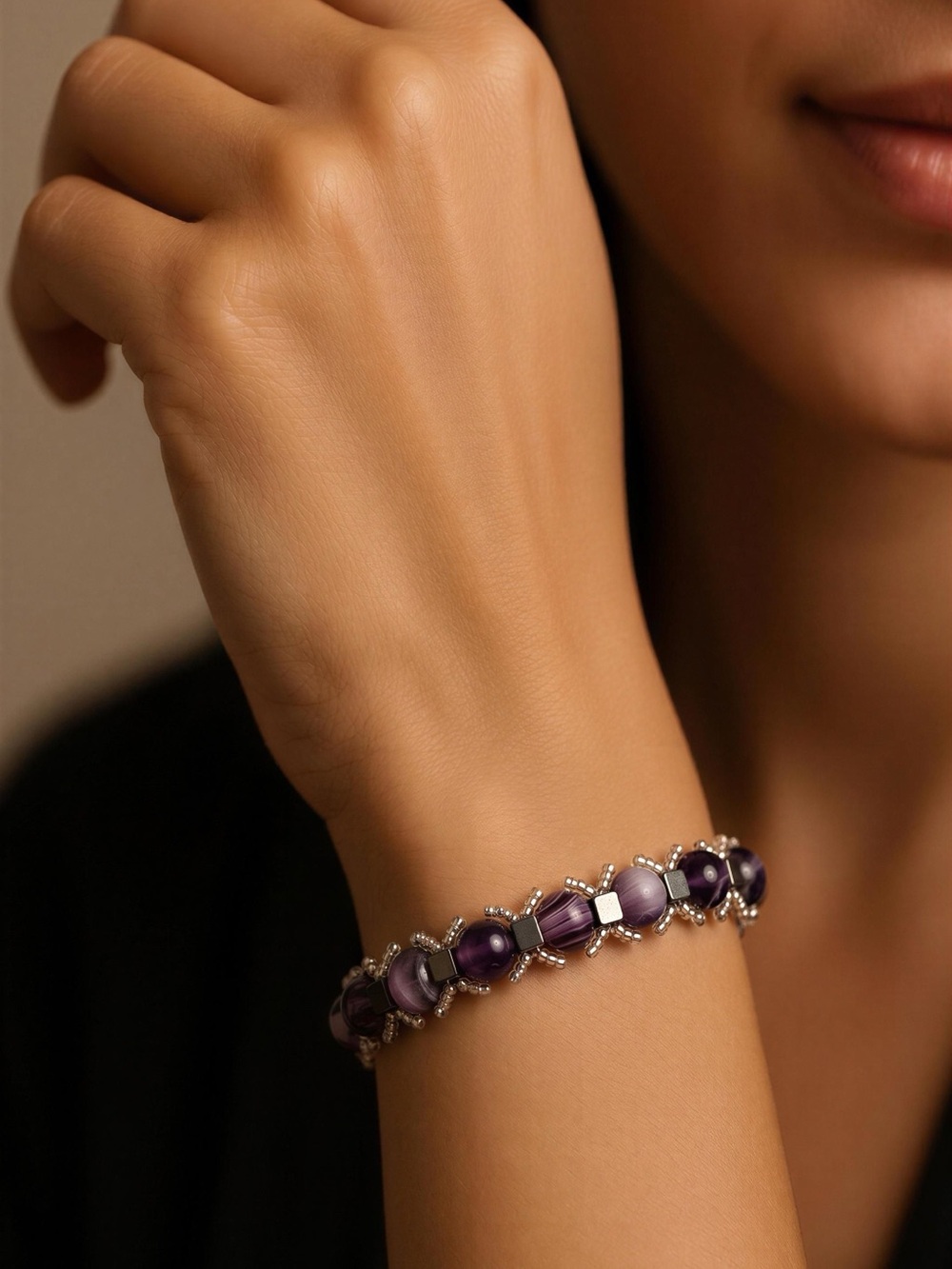Source Unknown Purple Beaded Bracelet with Silver Accents